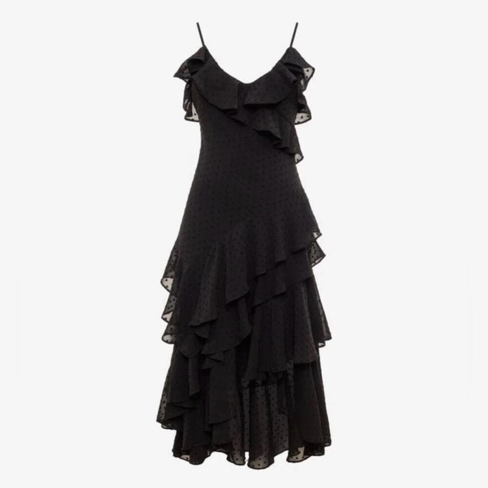 NEW Rumored Dot Ruffle Tiered Cha Cha Midi Dress in Black Women's Small $128 - Picture 7 of 12
